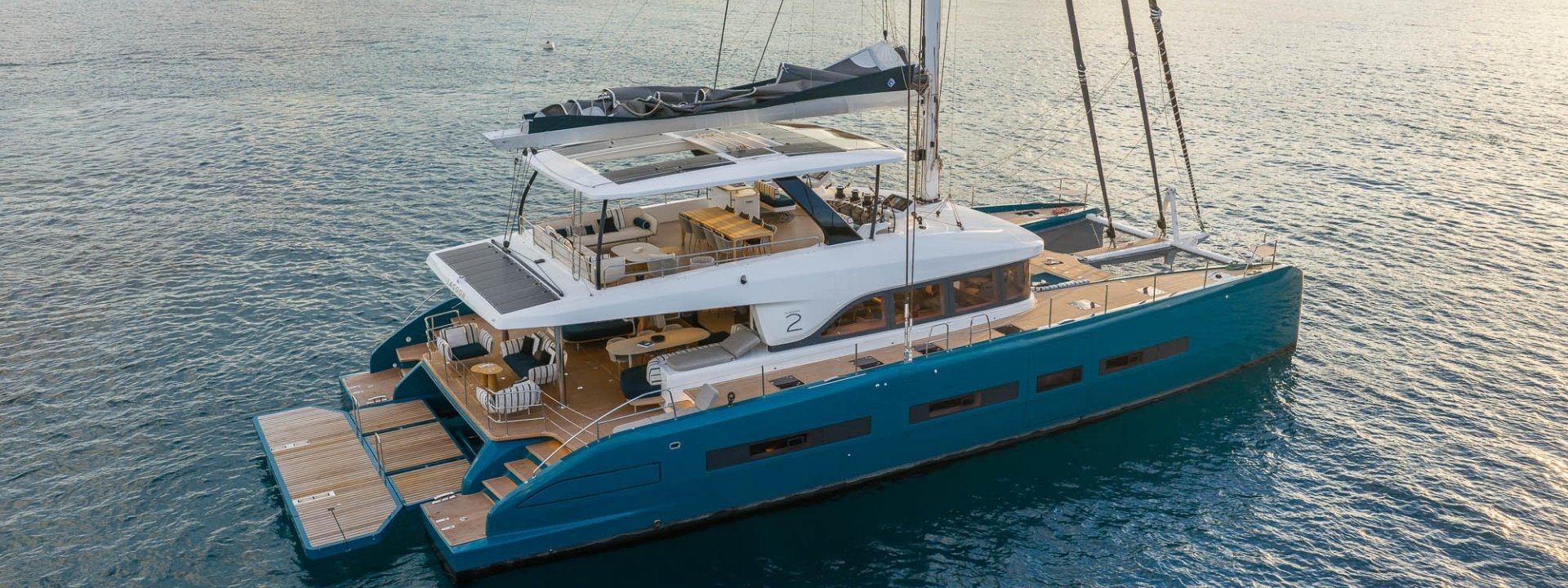 Lagoon Eighty 2 flybridge deck with hardtop, solar panels and outdoor lounge