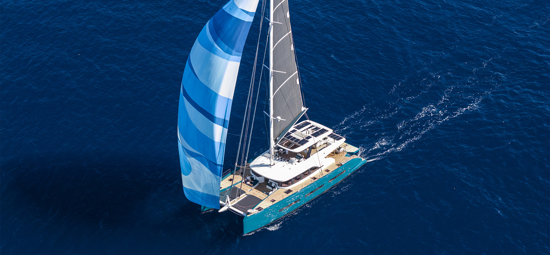 NAORA, a Lagoon Eighty 2 sailing catamaran, underway in open ocean