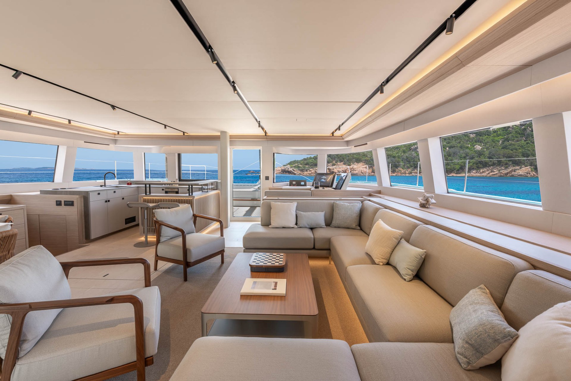 Main salon living space with panoramic ocean views